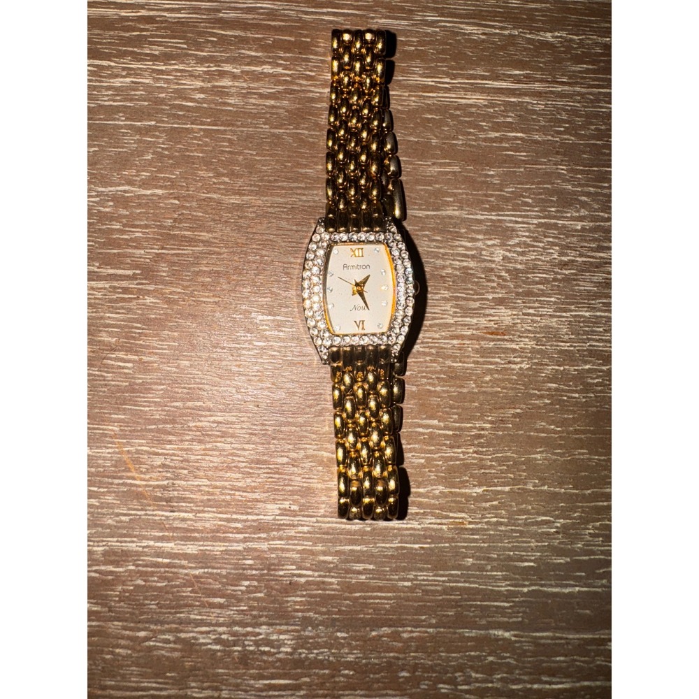 Armitron Gold Tone Womens Watch Rhinestone Bezel Mother of Pearl Style Dial - Picture 2 of 7